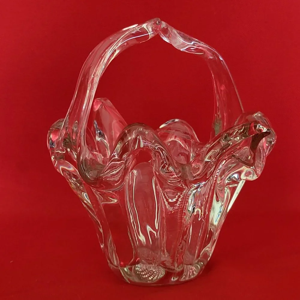VTG Clear Art Glass Basket Trinket Bowl Candy Dish